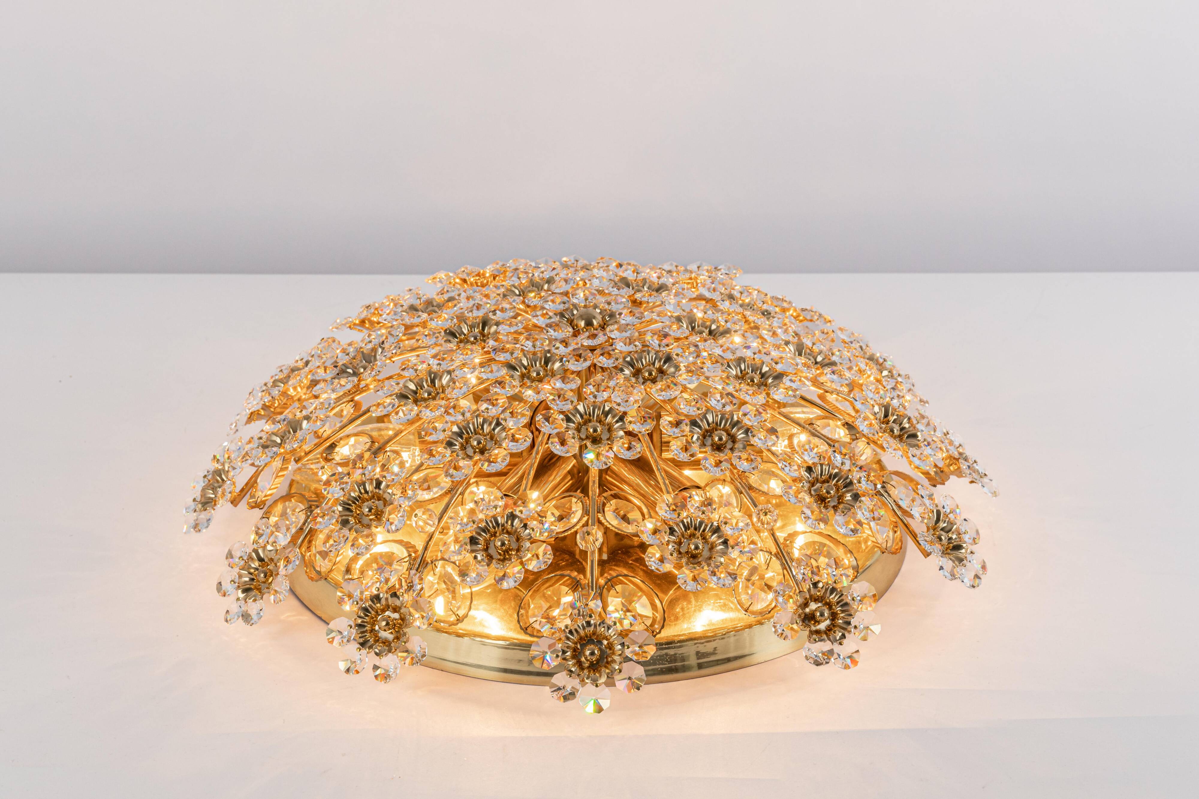 Brass ceiling light with cut glass flowers by Palwa, Germany, 1970s.