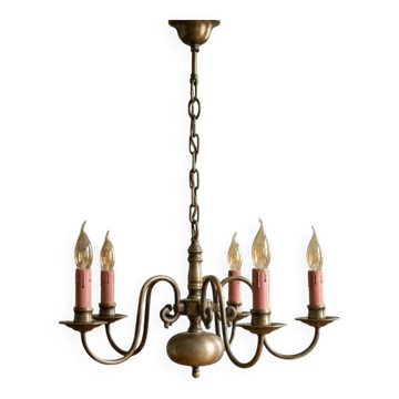 Magnifique Lustre Hollandais Vintage en Laiton Patiné – 5 Bras
