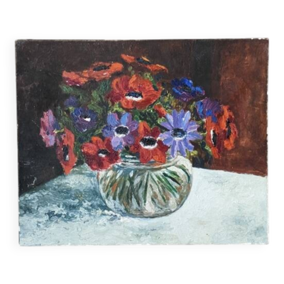Tableau ancien nature morte ancienne acrylique sur toile bouquet de fleurs