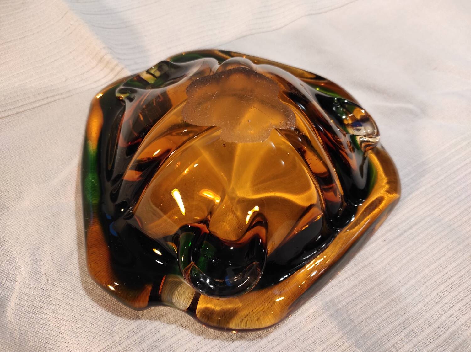 Murano green and yellow blown glass ashtray, 1970