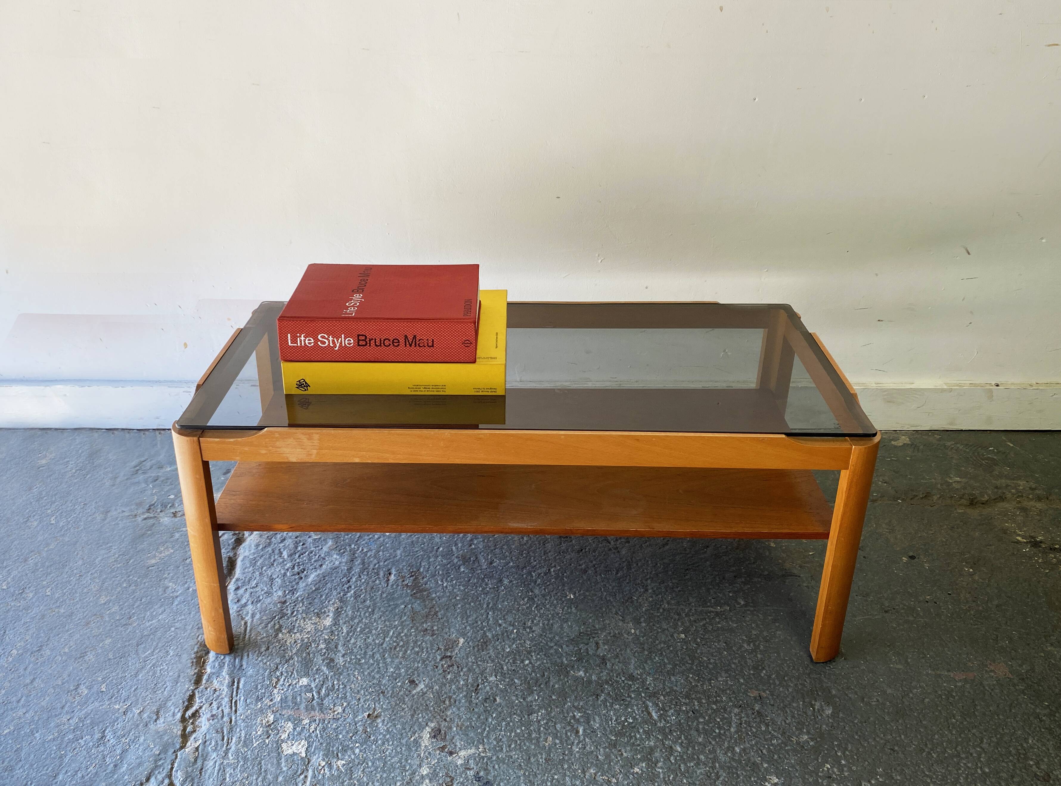 Mid-Century teak coffee table with smoked glass top by Myer