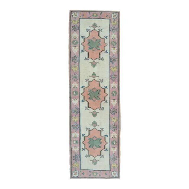 1970s Vintage Turkish Oushak Handmade Wool Cotton Orange Pink Rug  81x270