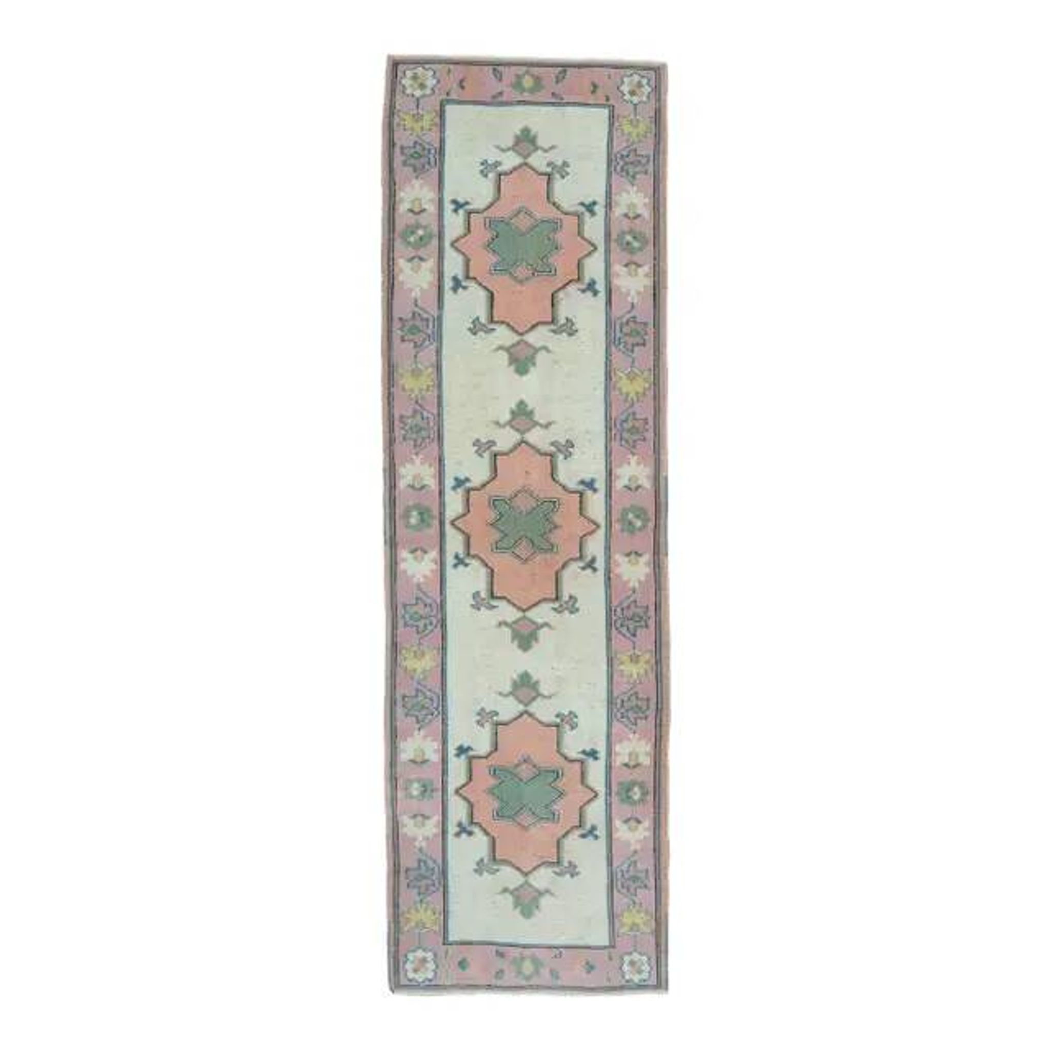 1970s Vintage Turkish Oushak Handmade Wool Cotton Orange Pink Rug  81x270
