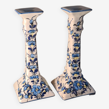 Art deco style ceramic candle holders, hand painted blue flowers. sign