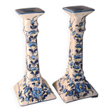Art deco style ceramic candle holders, hand painted blue flowers. sign