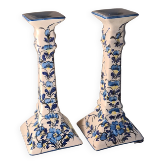 Art deco style ceramic candle holders, hand painted blue flowers. sign