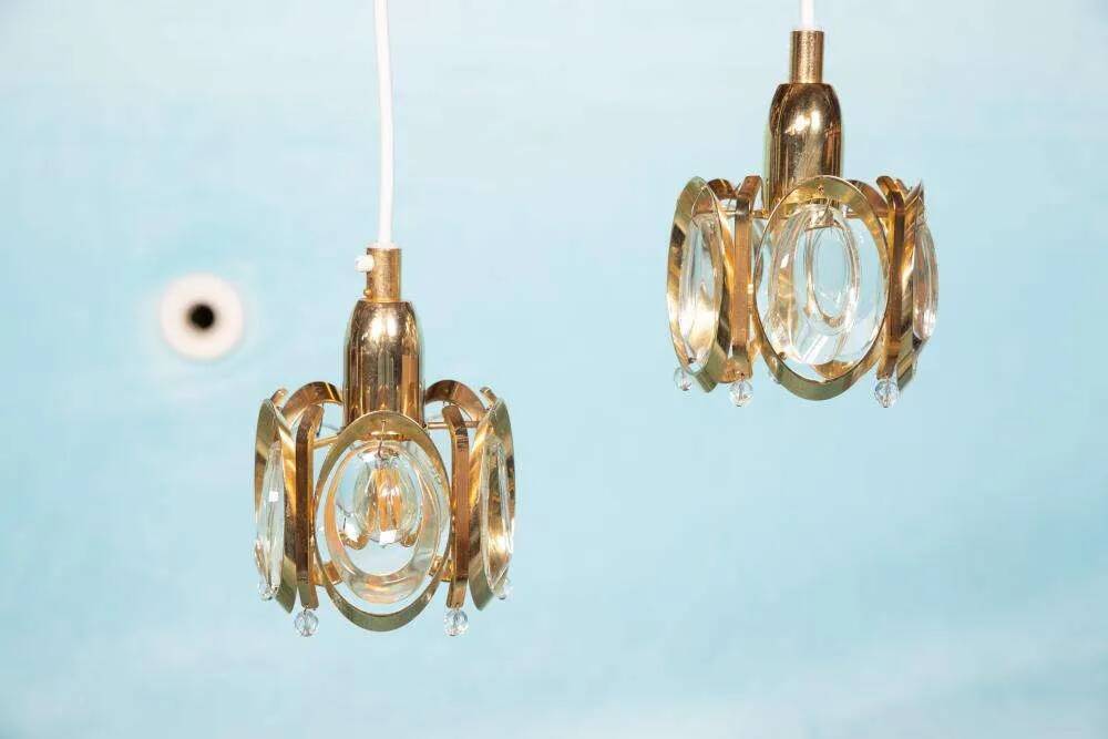 Vintage brass and crystal suspension Palwa, mid-century suspension.