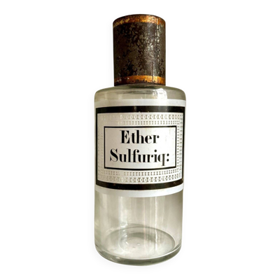 Flacon d'apothicaire ether sulfuriq: en verre transparent et métal