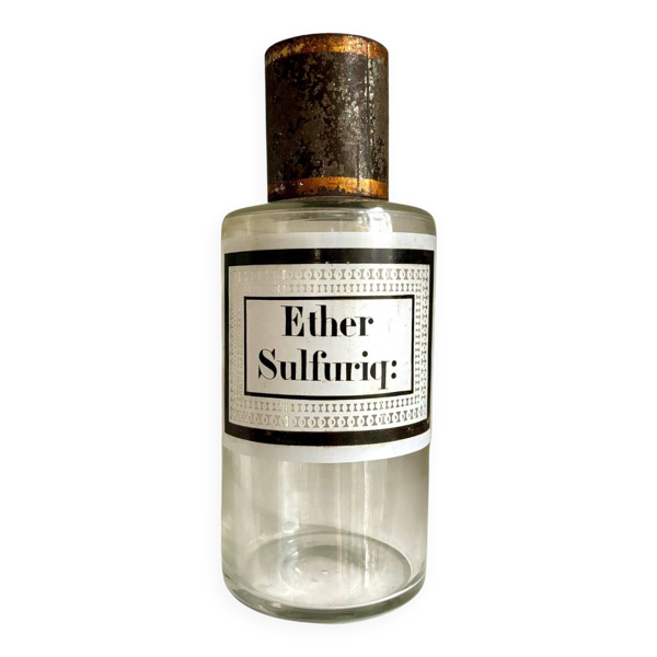 Flacon d'apothicaire ether sulfuriq: en verre transparent et métal