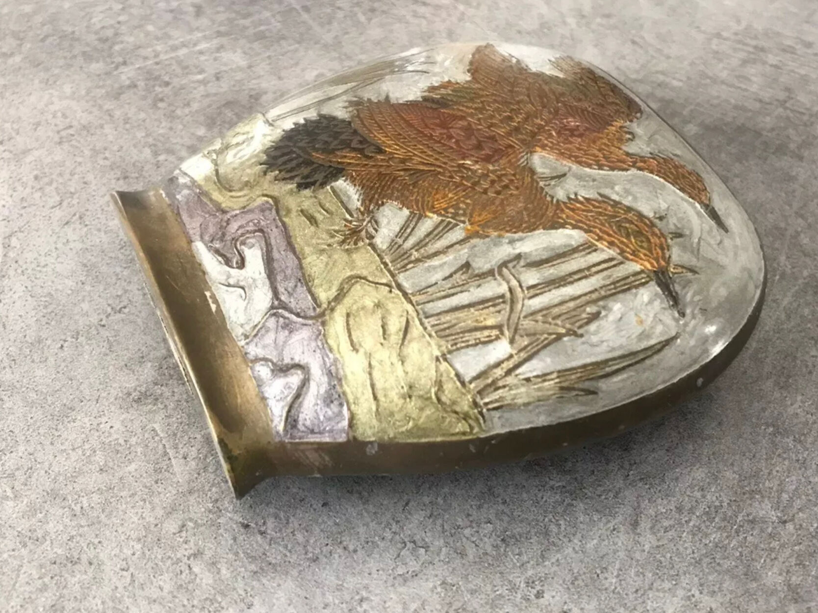 Vintage vase in enamelled brass decoration of duck flight 10.5 cm