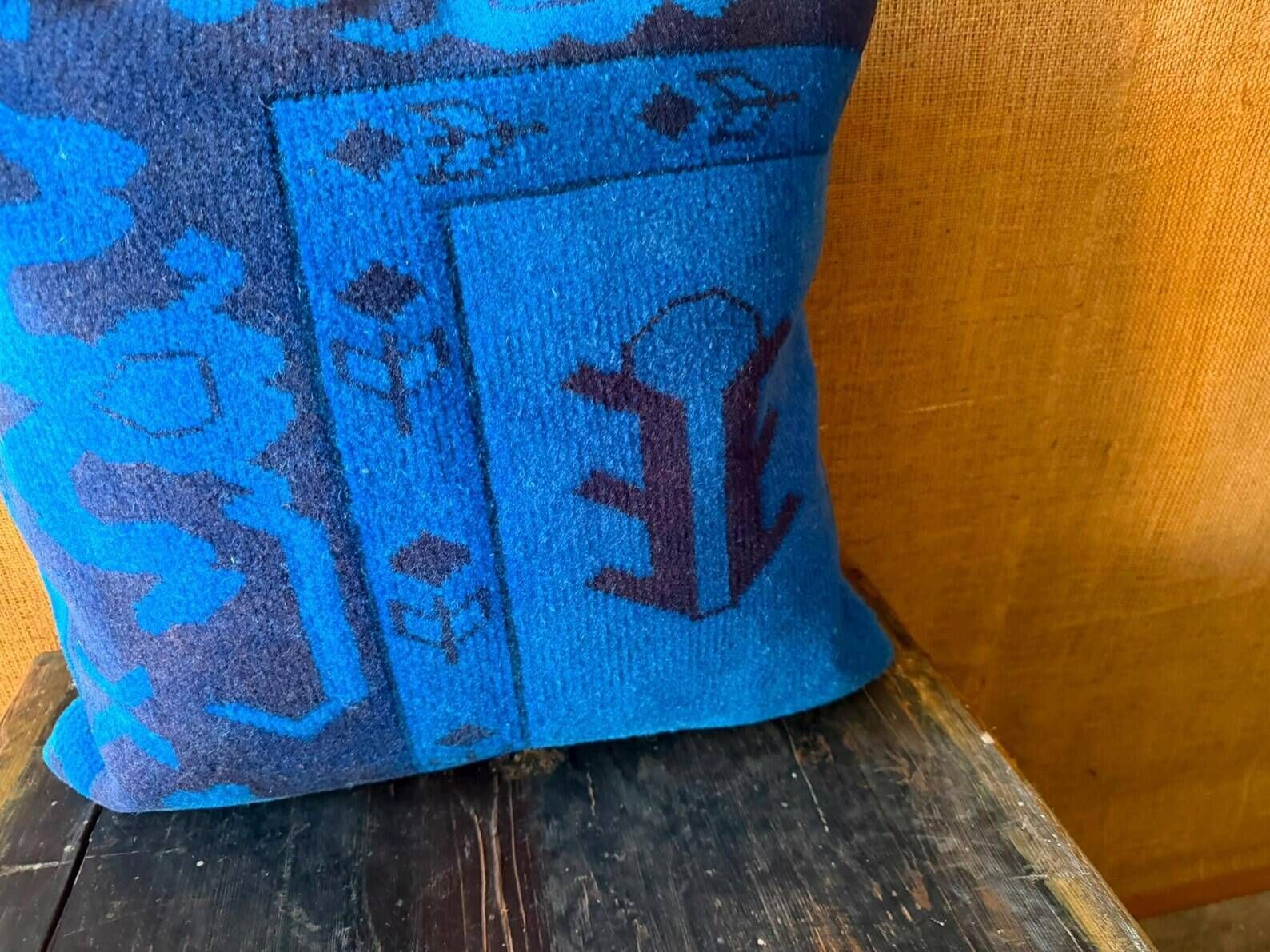 Vessel Motif Rug Cushion, Cobalt Navy Wool, Tribal Kilim Decor 20x20