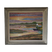 Tableau pointilliste contemporain – Paysage de Camargue aux flamants roses