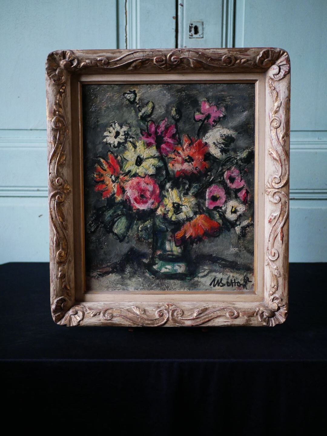 Old oil on canvas, bouquet of flowers, Montmartre style frame