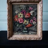 Ancienne huile sur toile, bouquet de fleurs, encadrement de style montmartre