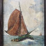 Peinture à l'huile ancienne avec des voiliers