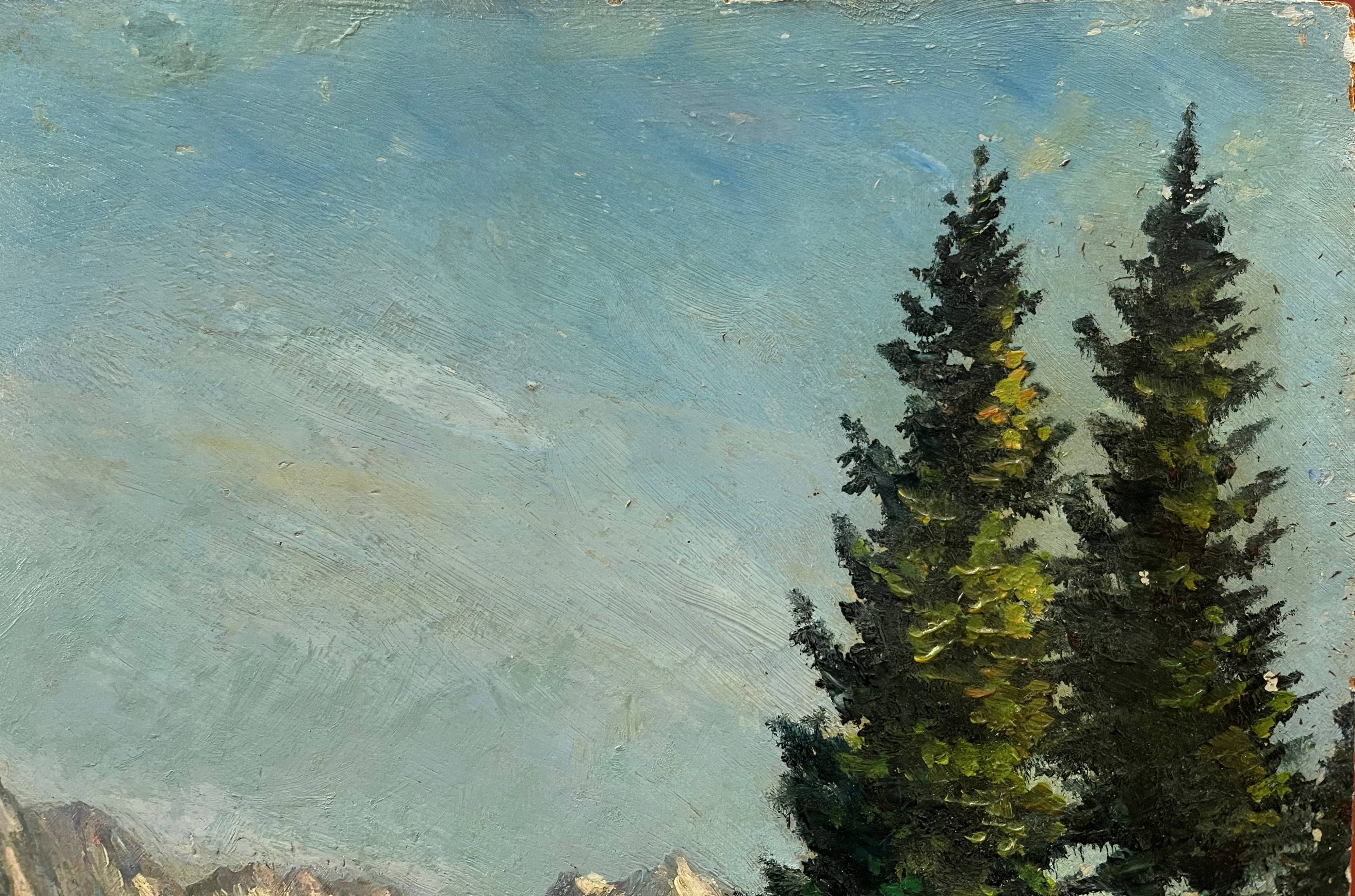 Oil painting on panel "Alpine Landscape with Snow" Mountain signed Bizouard circa 1950