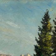 Oil painting on panel "Alpine Landscape with Snow" Mountain signed Bizouard circa 1950
