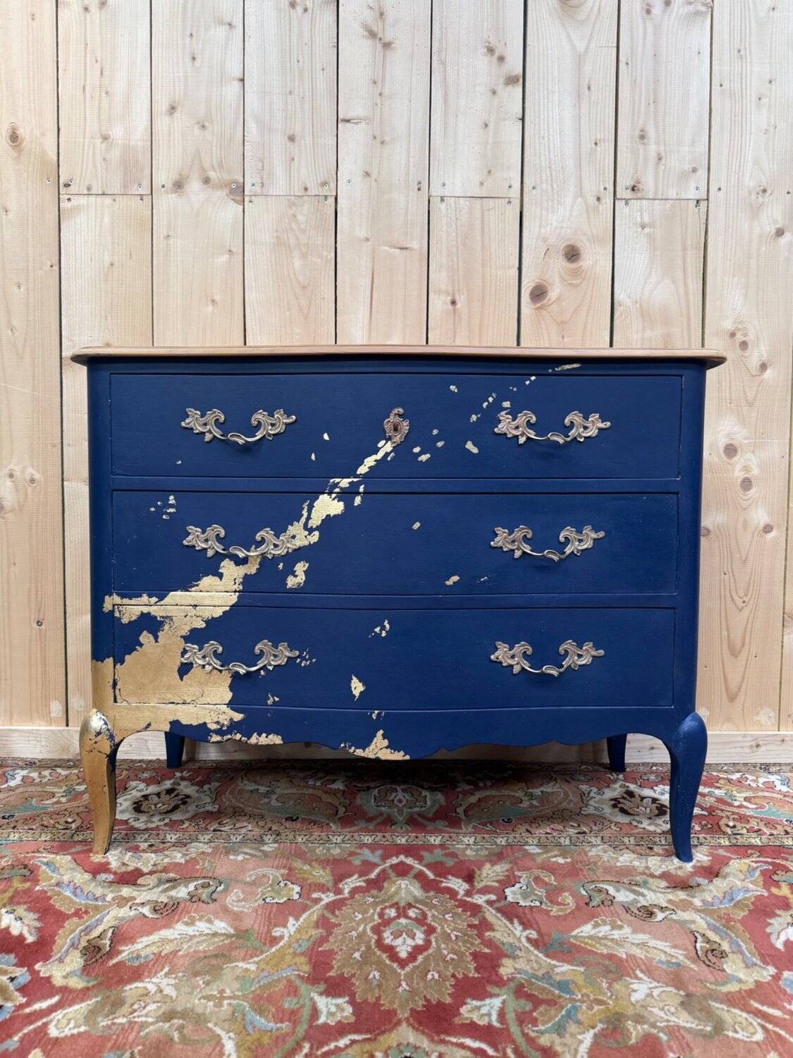 Louis XV Commode Style – Royal Blue Lacquer & Gold Leaf – Unique Model