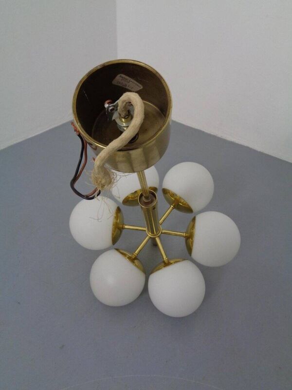 Sputnik Brass and Glass Ceiling Chandelier from Kaiser Idell / Kaiser Leuchten, Germany, 1960s