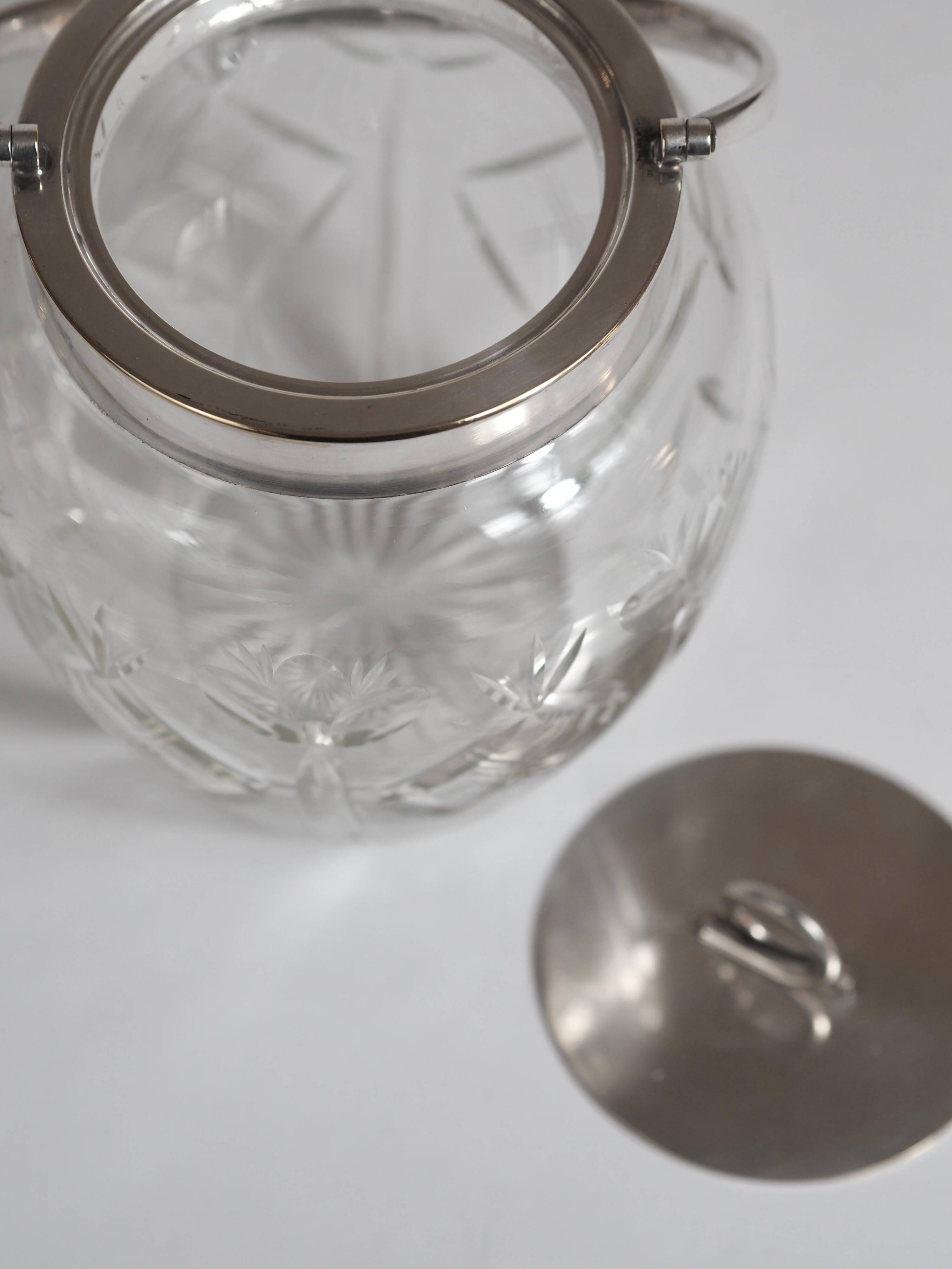Crystal biscuit barrel with silver-plated mounts and handle, Austrian cut, 1920s.