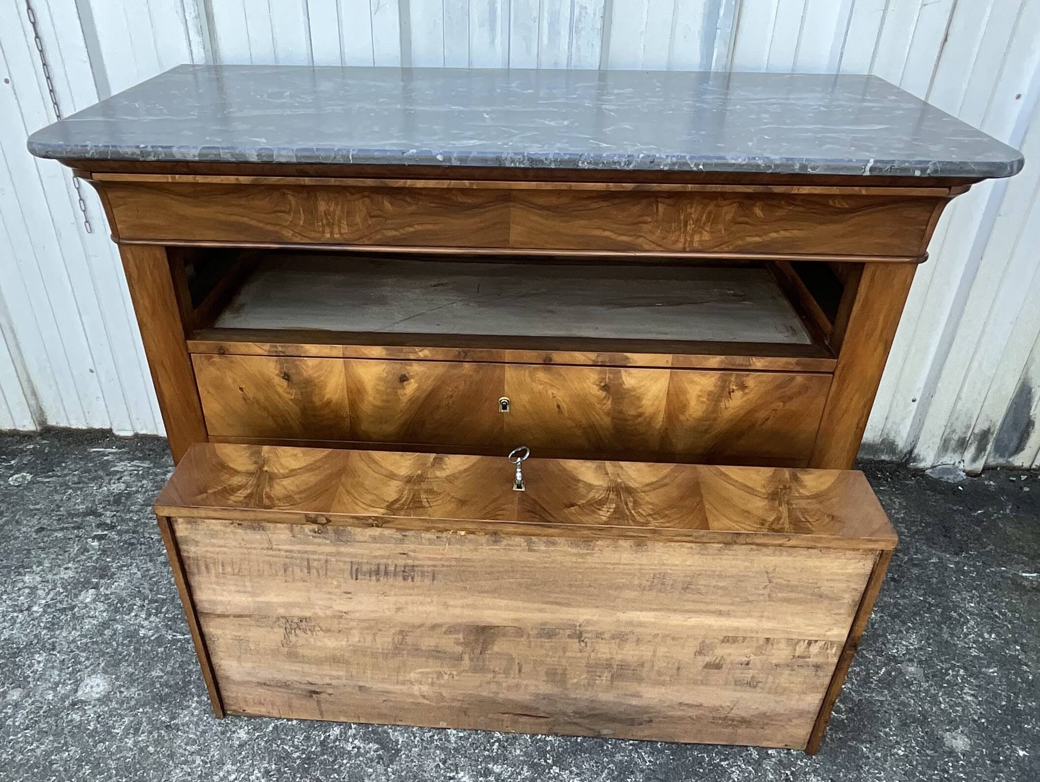 Louis-Philippe commode in burr walnut, Saint-Anne grey marble, mid-century