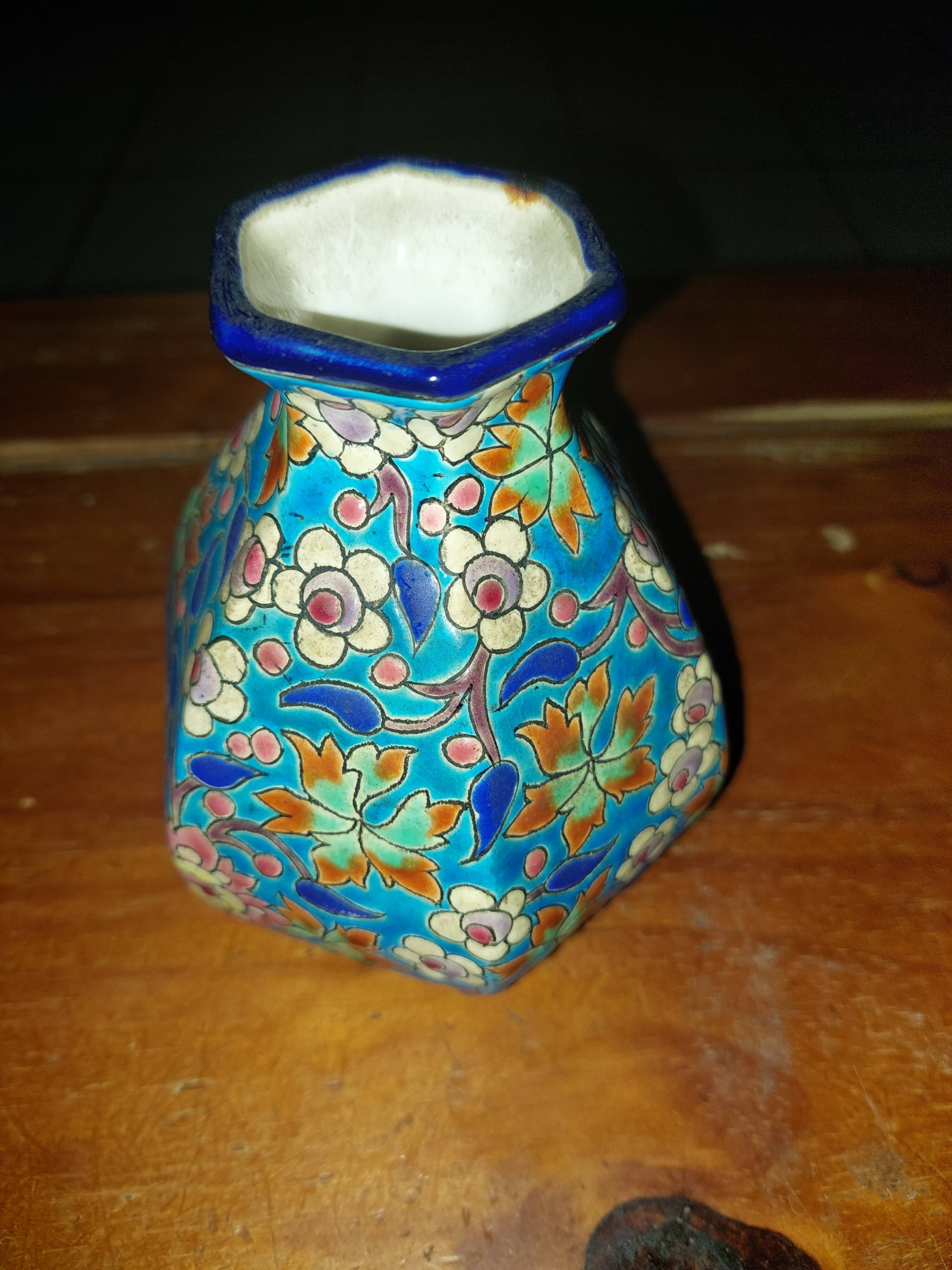 Hand-decorated Longwy enamel vase no. D.5670