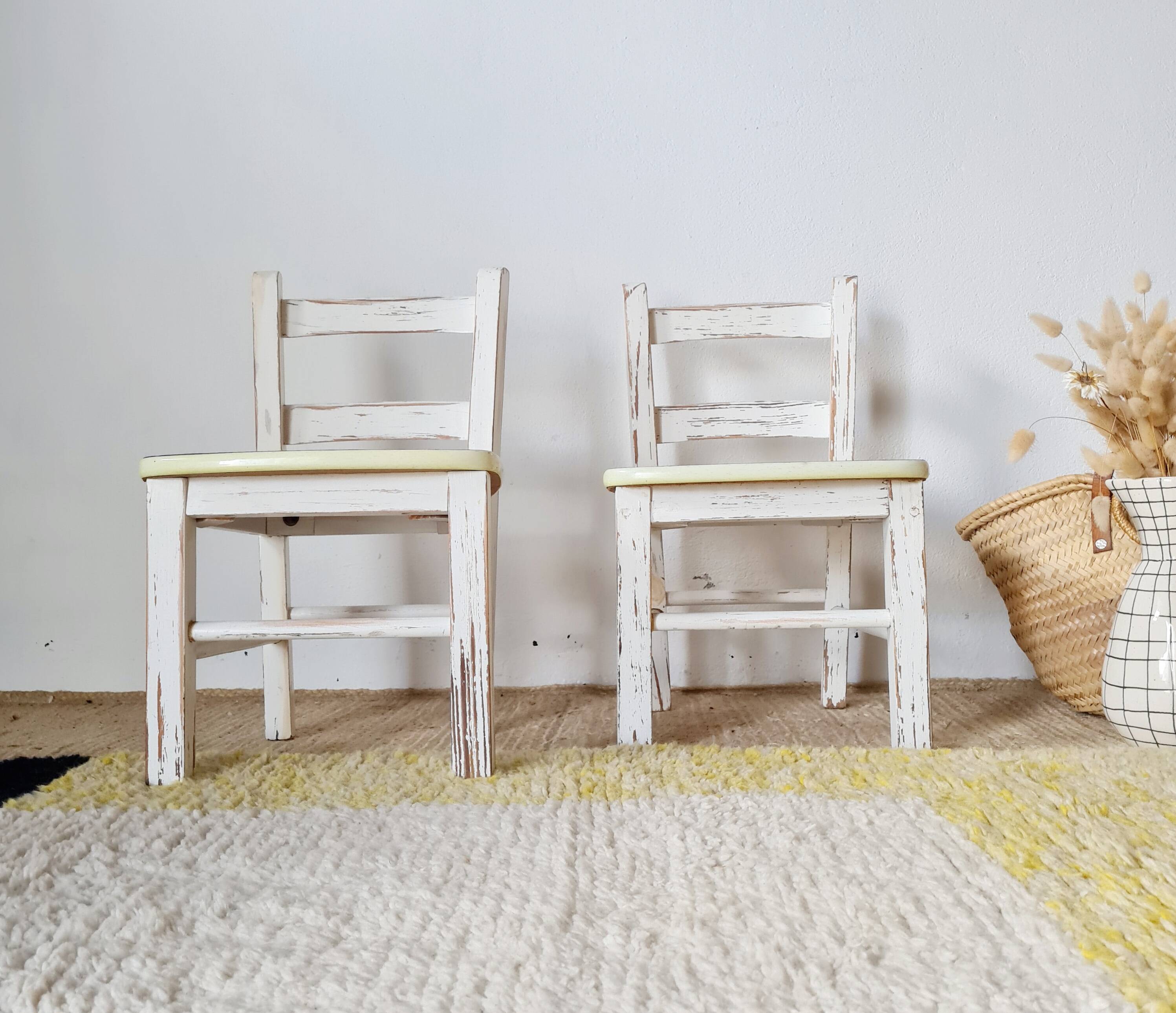 Vintage children's chair pair – White patinated wood