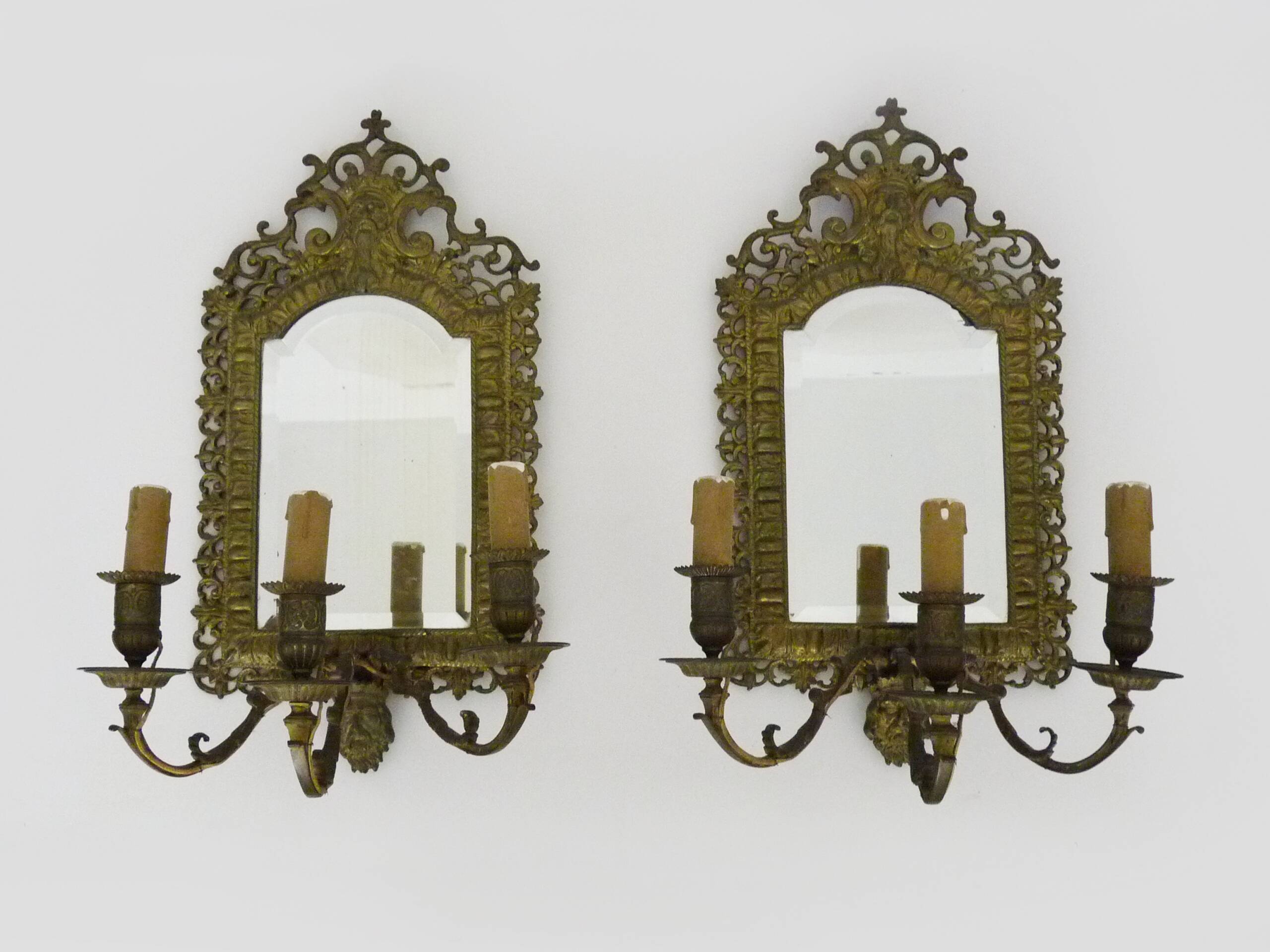 Pair of 3-light beveled mirror wall lights in Napoleon style, gilded bronze