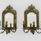 Pair of 3-light beveled mirror wall lights in Napoleon style, gilded bronze