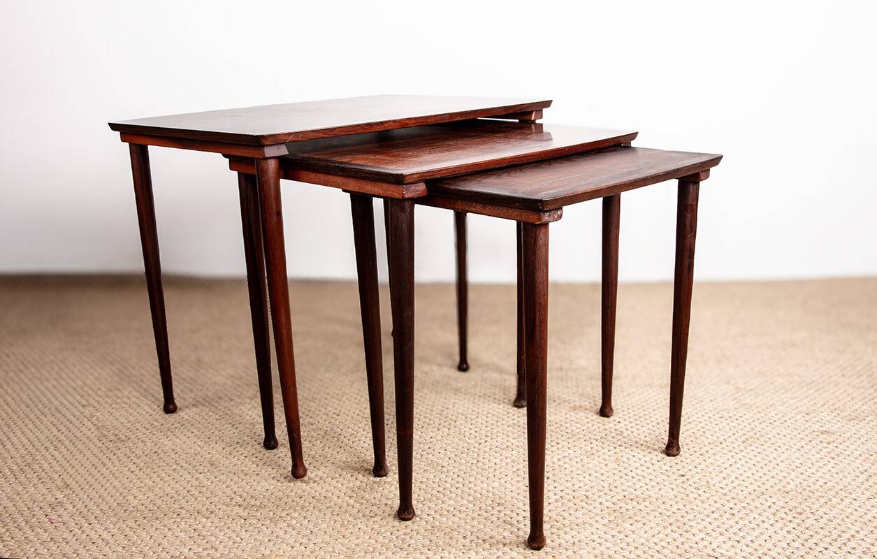 Three Danish nesting tables in rosewood by Mobelintersia 1960.