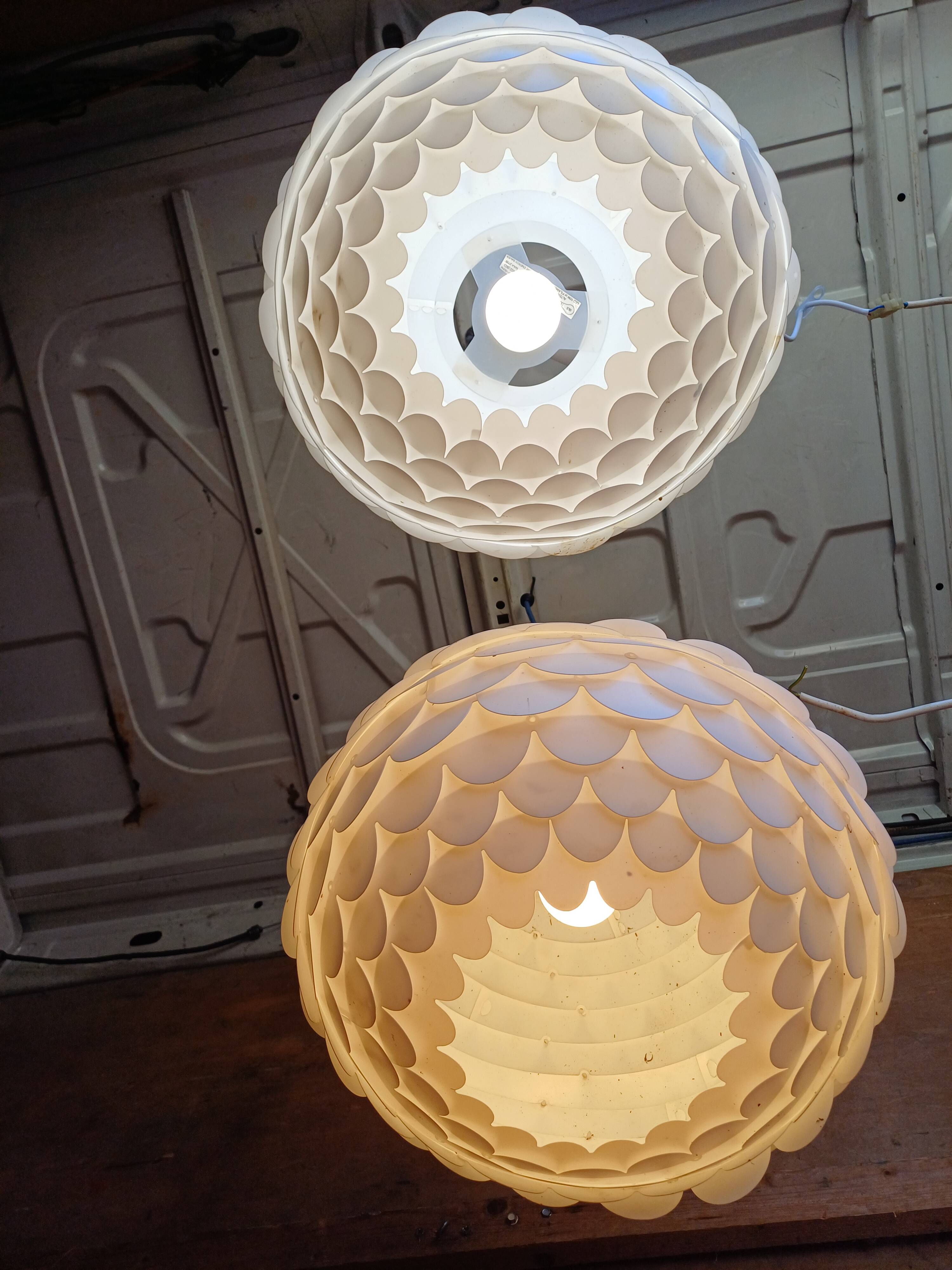 Pair of vintage white plastic pendant lights