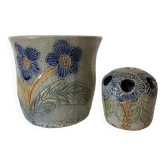 Cache pot et pique fleurs , poterie au sel , années 70