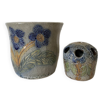 Cache pot et pique fleurs , poterie au sel , années 70