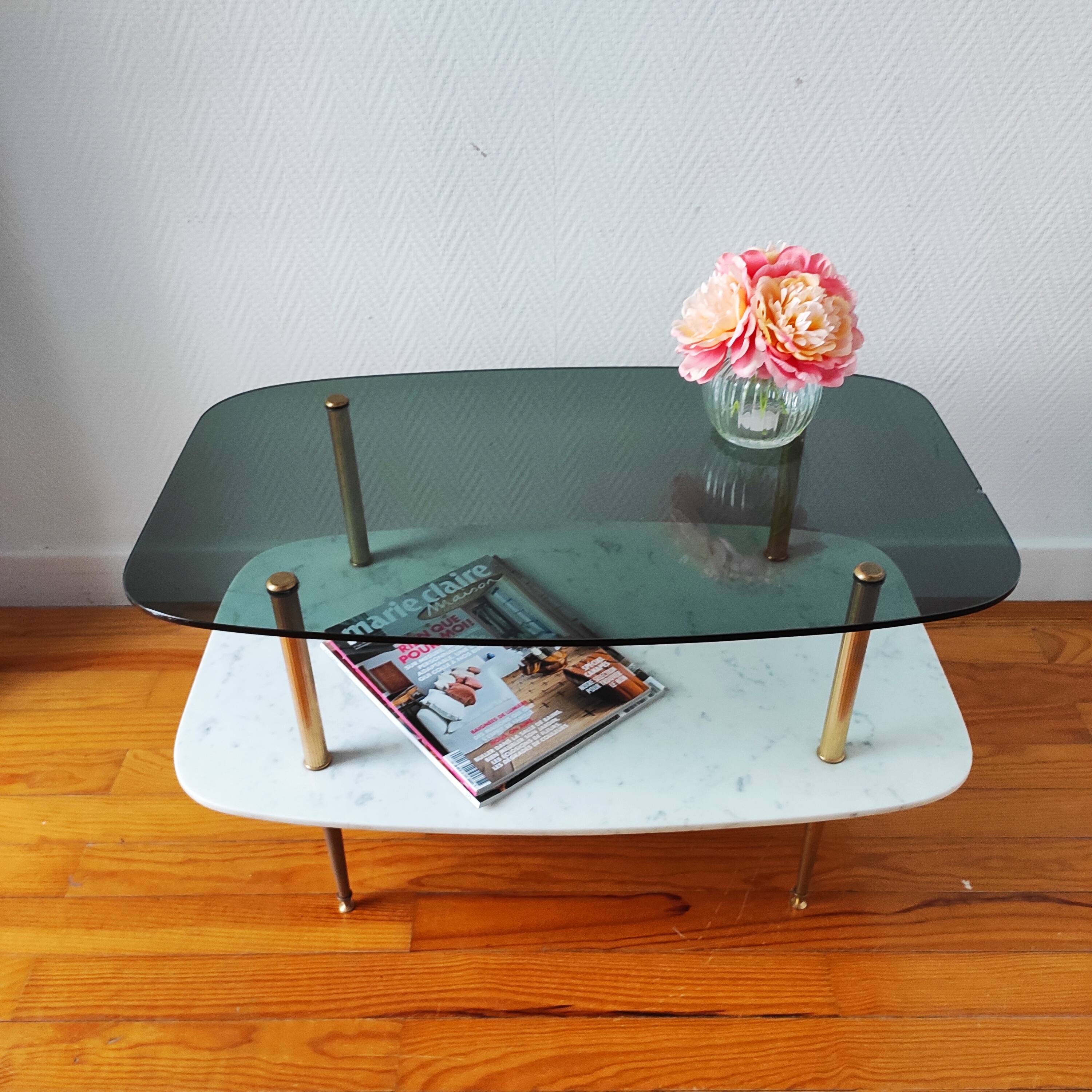 Vintage 1960 glass and marble coffee table