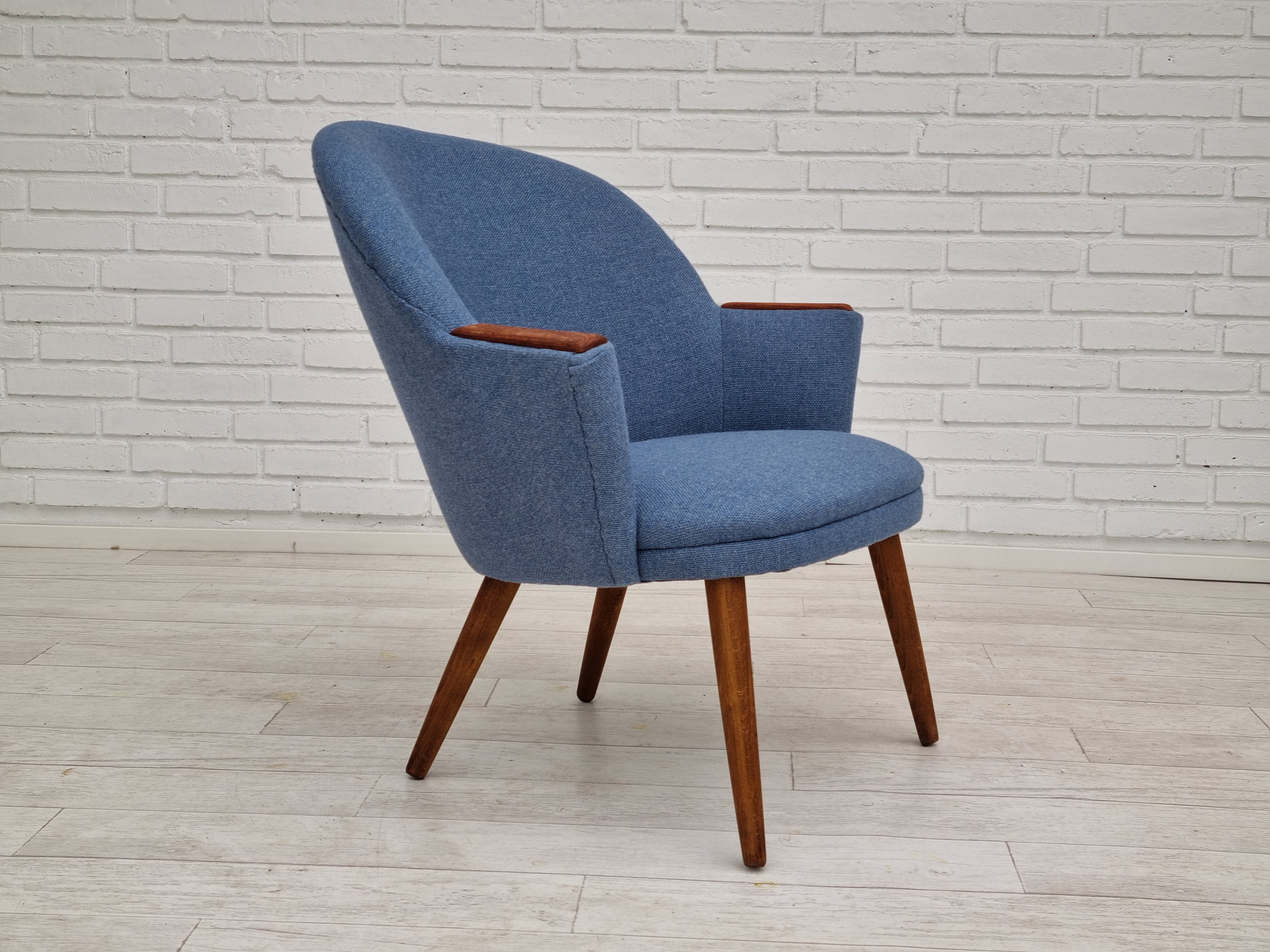 1960s, danish design, reupholstered lounge chair, camira furniture wool fabric, teak