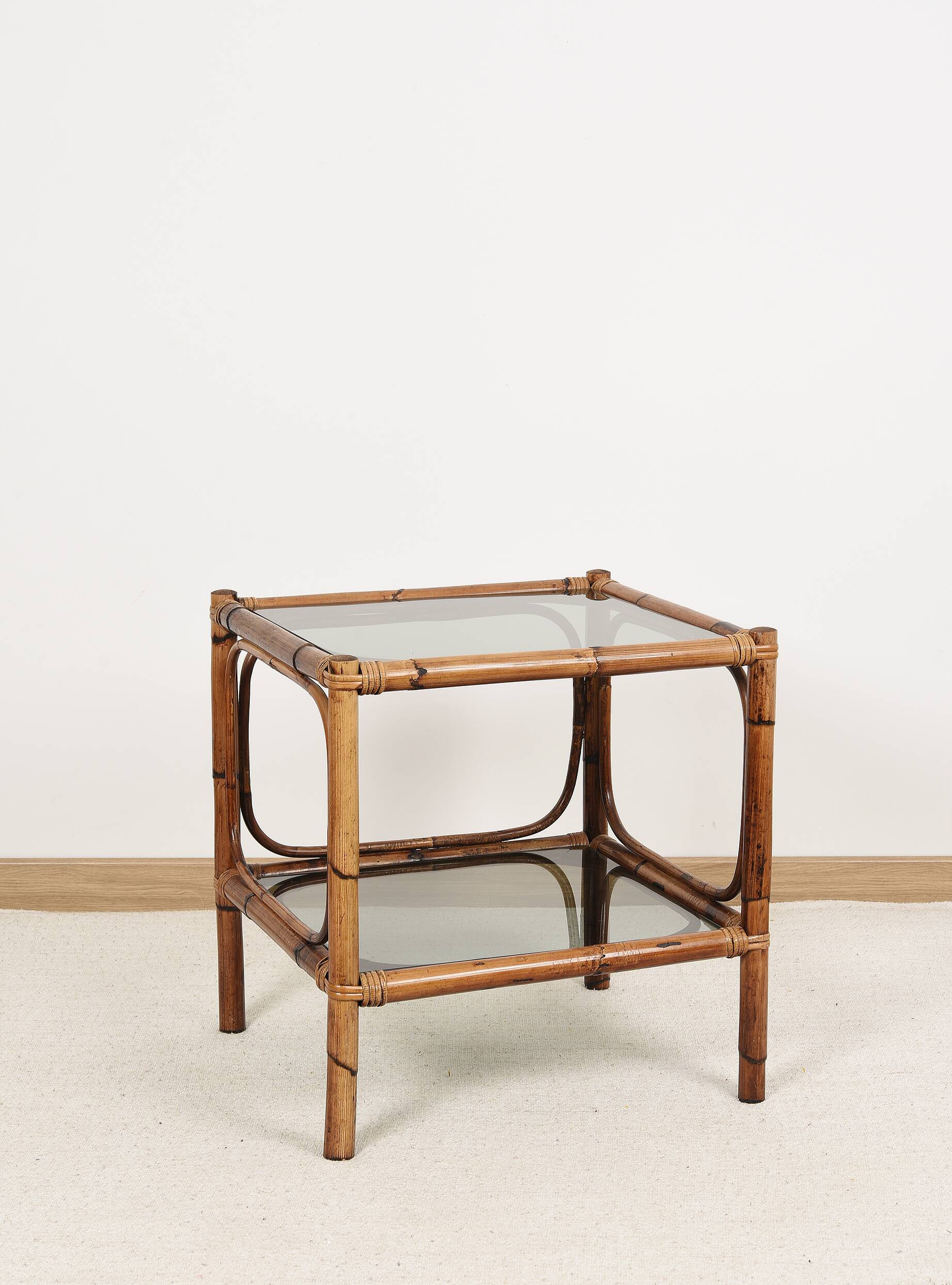 Bedside table or coffee table in bamboo and smoked glass, double top, 70s