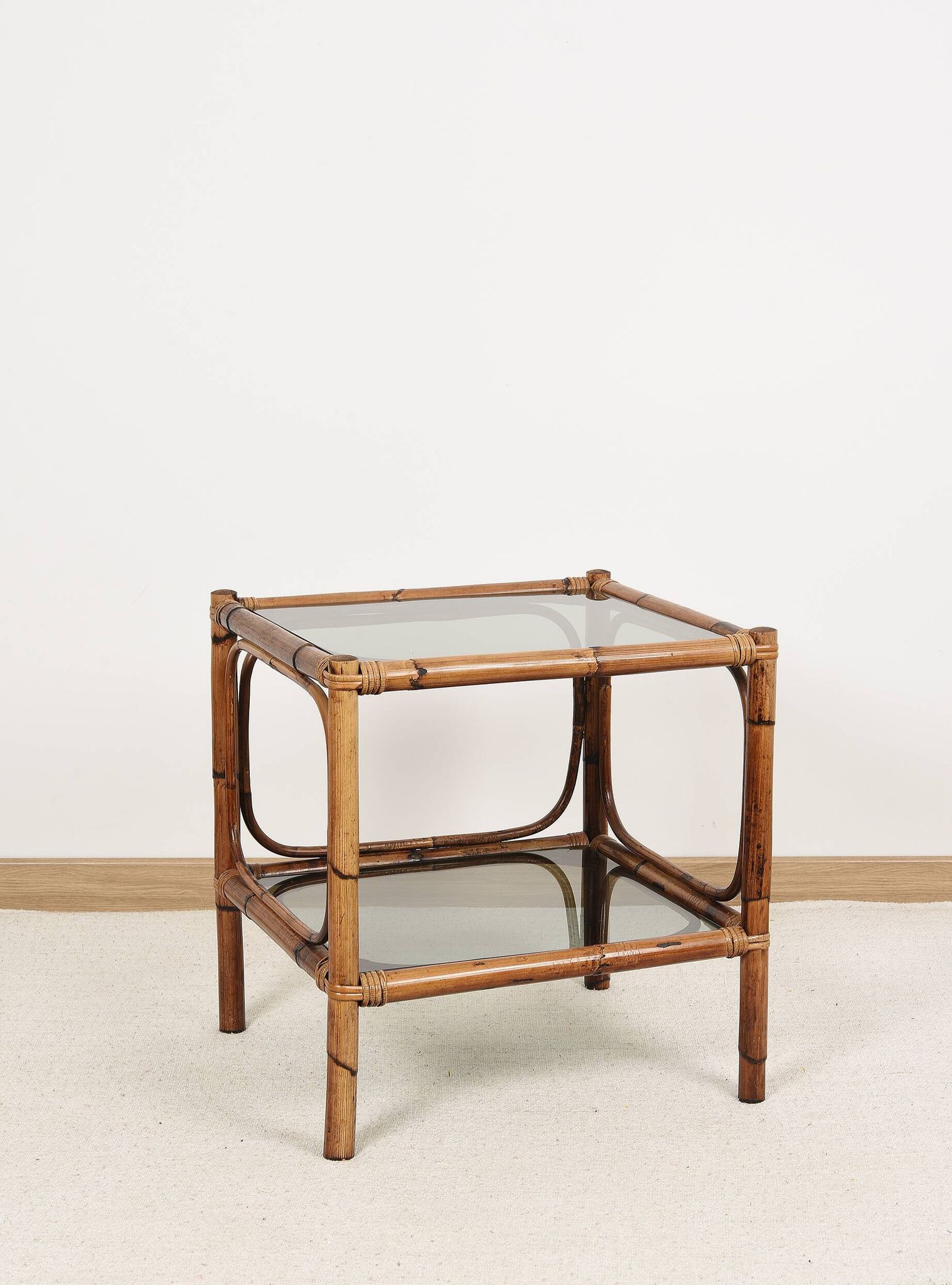 Bedside table or coffee table in bamboo and smoked glass, double top, 70s
