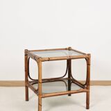 Bedside table or coffee table in bamboo and smoked glass, double top, 70s