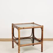 Bedside table or coffee table in bamboo and smoked glass, double top, 70s