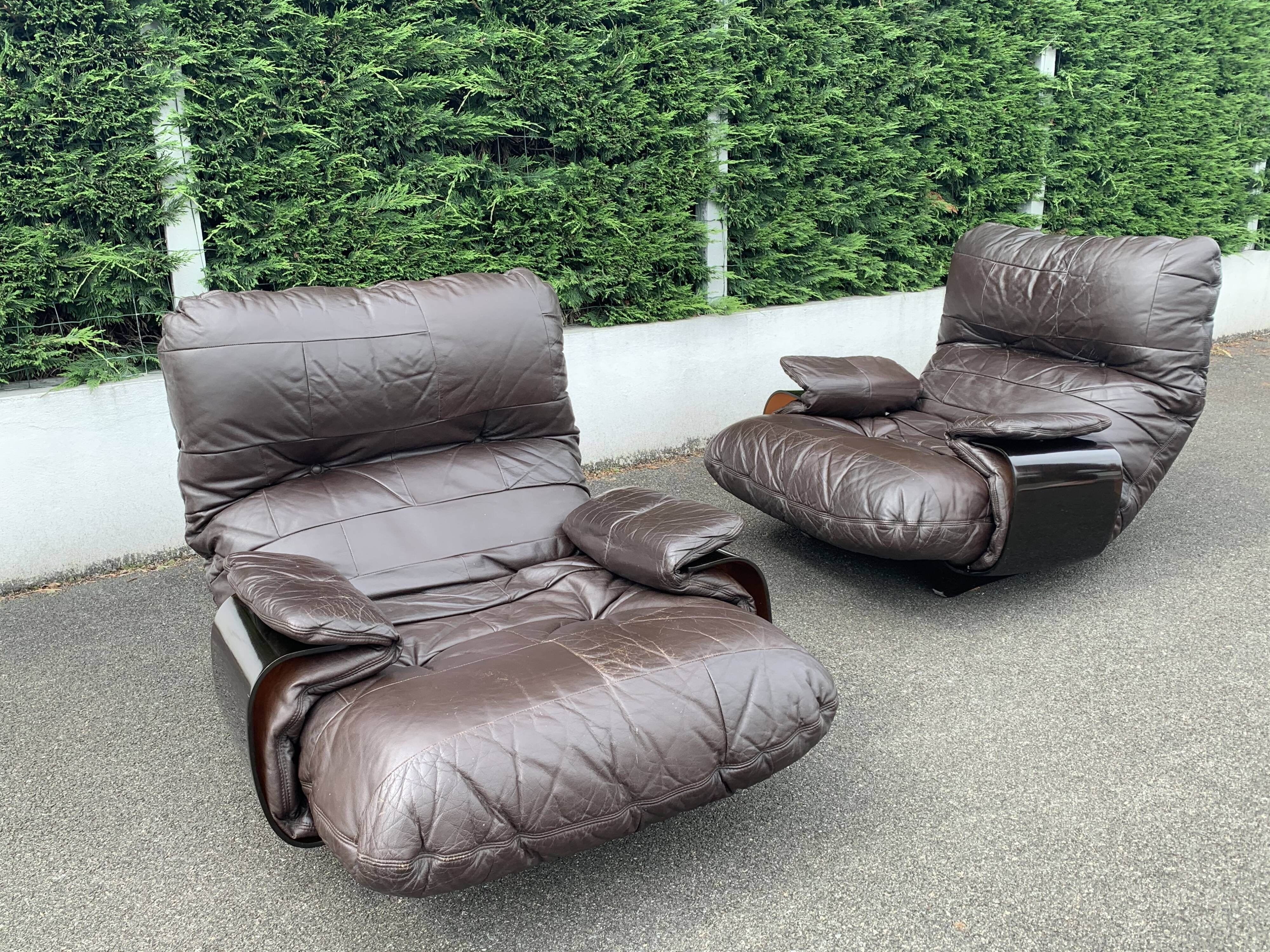 Pair of armchairs and ottoman leather Marsala by Michel Ducaroy for Ligne Roset 1970