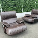 Pair of armchairs and ottoman leather Marsala by Michel Ducaroy for Ligne Roset 1970