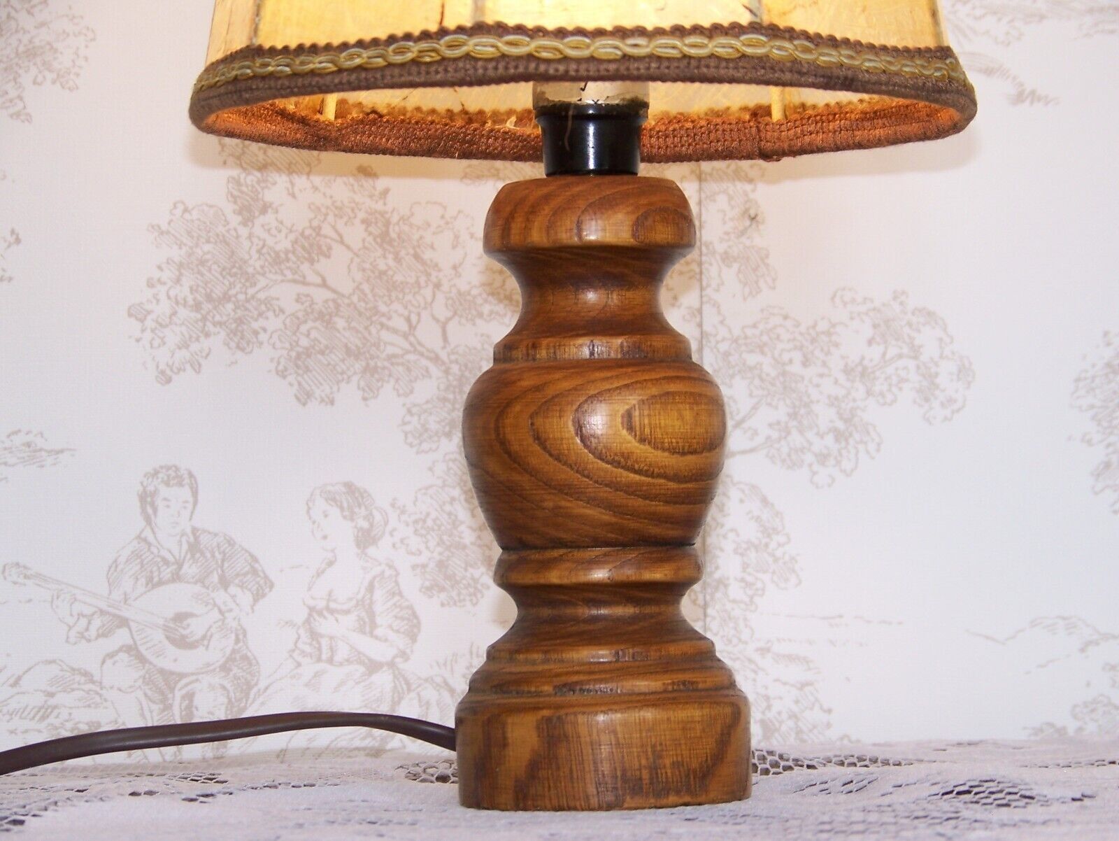 Small French Round Turned Wood Table Lamp With Hand Made Hide Skin Shade 4355