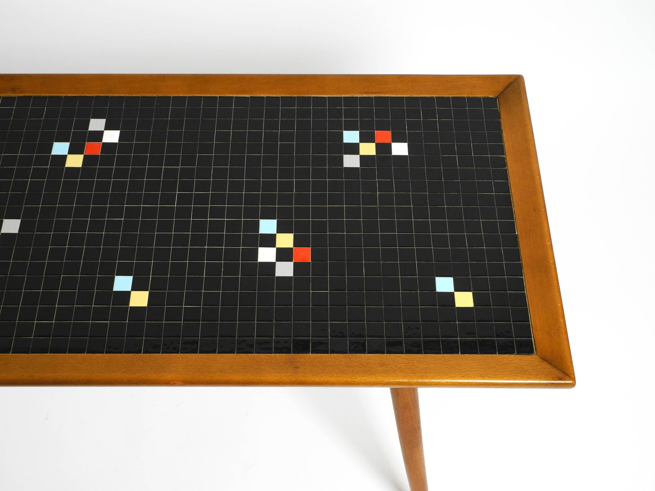 Beautiful long Mid Century walnut wood coffee table with a mosaic surface