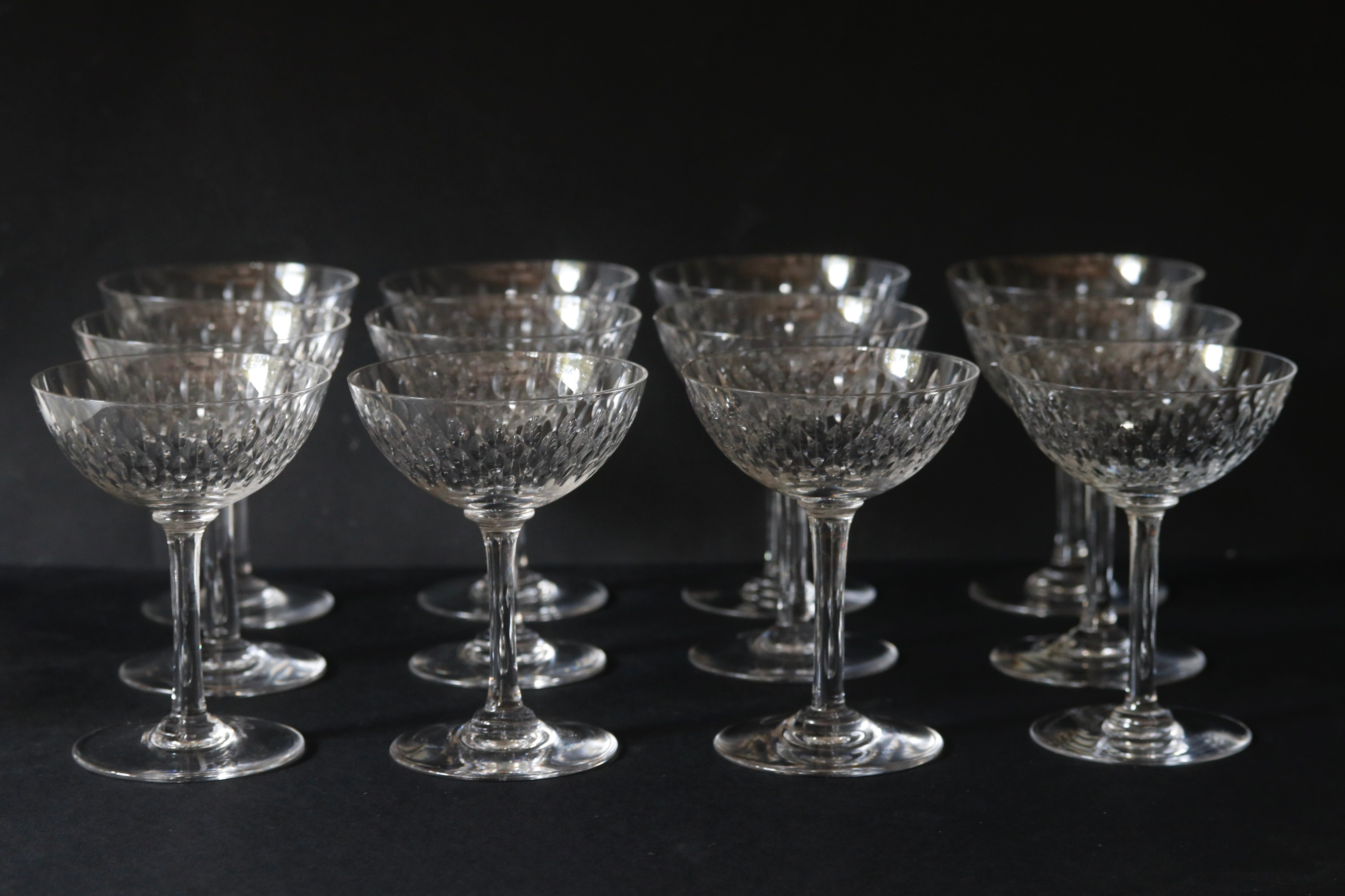 Suite of 12 champagne glasses in Baccarat crystal. Model Paris