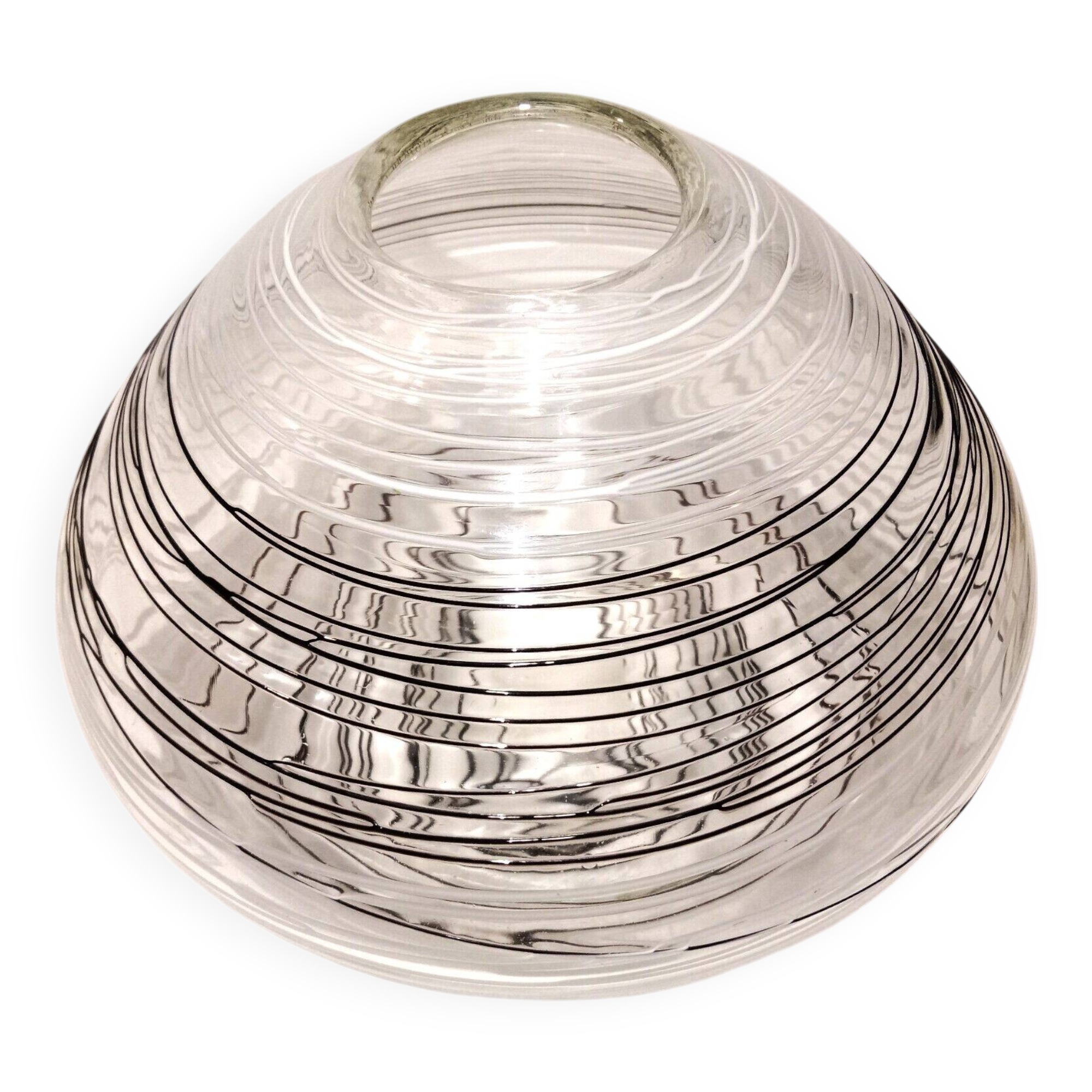 Textured oval blown glass vase with black and white glass spaghetti.