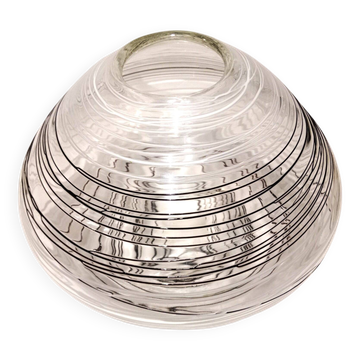 Textured oval blown glass vase with black and white glass spaghetti.