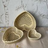 Set of 3 vintage beige heart-shaped woven porcelain nesting baskets