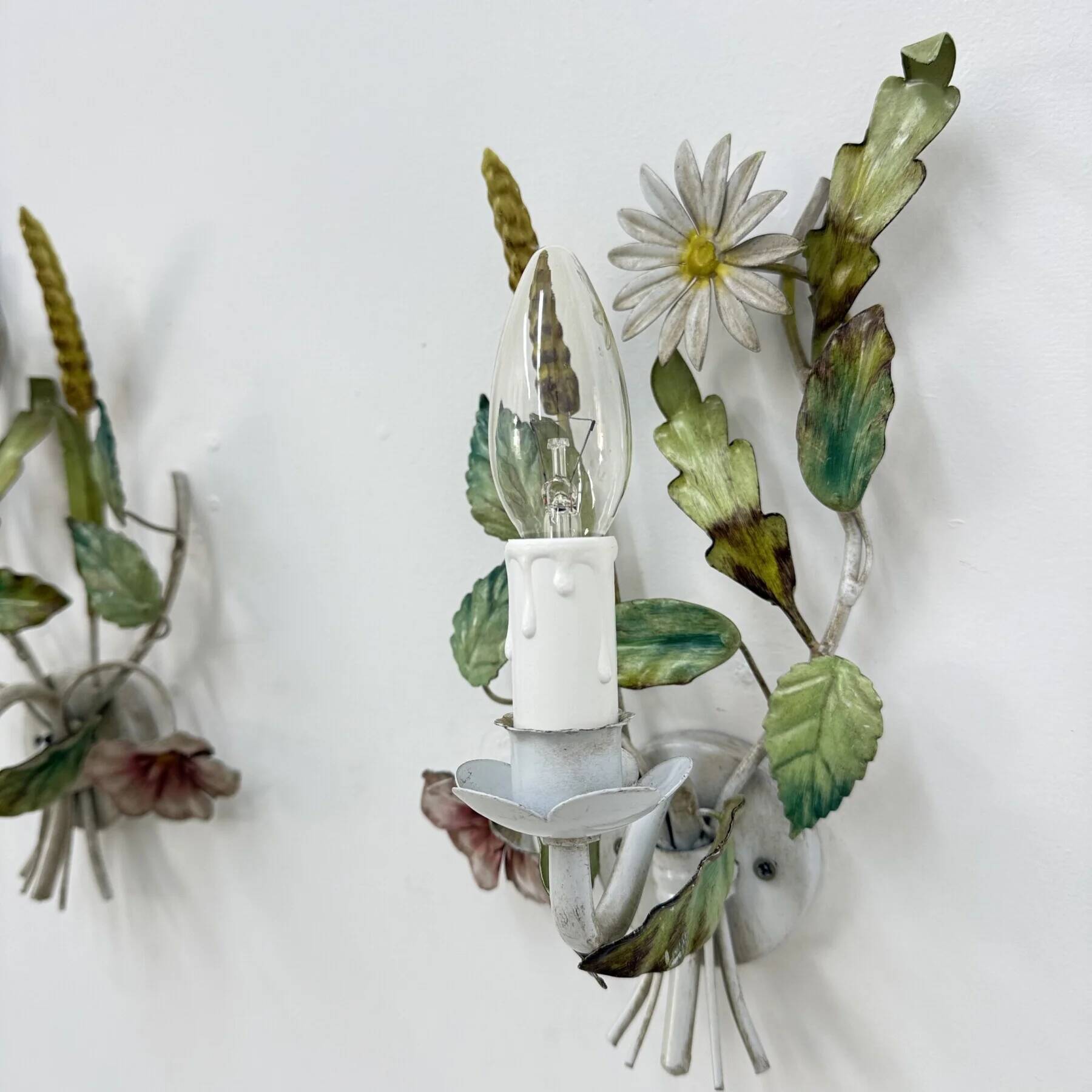 Set of 2 Italian tole painted floral and leaf wall lamp sconces, 1970s