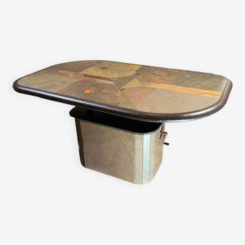 Modular brutalist coffee table PAUL KINGMA, copper stone & brass, adjustable system 1970s