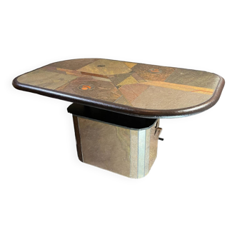 Table basse brutaliste modulable PAUL KINGMA, pierre cuivre & laiton, système réglable 1970s